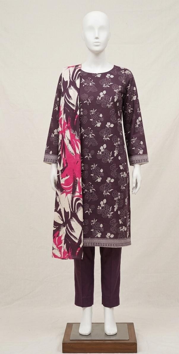 3-Piece Deep Plum Floral Printed Suit UNSTITCHED