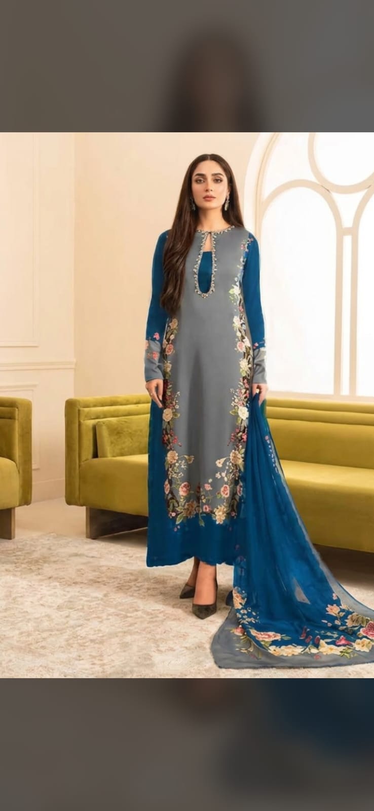 Premium 3-Piece Unstitched Blue and Grey Floral SILK Suit