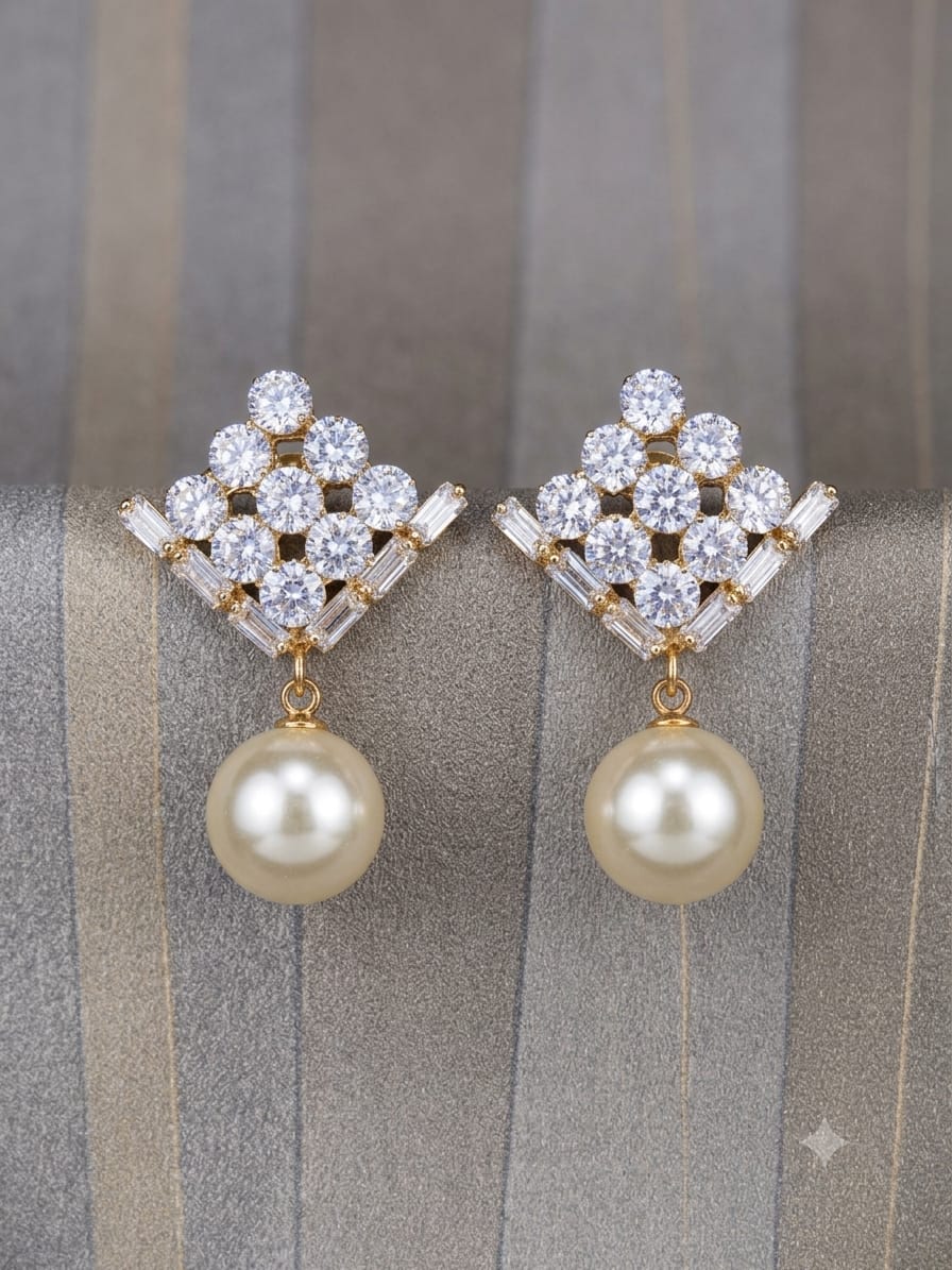 Royal Zircon & Pearl Drop Earrings in Gold-Plated Stainless Steel