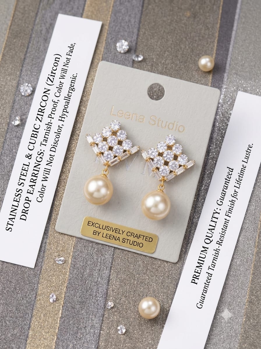 Royal Zircon & Pearl Drop Earrings in Gold-Plated Stainless Steel