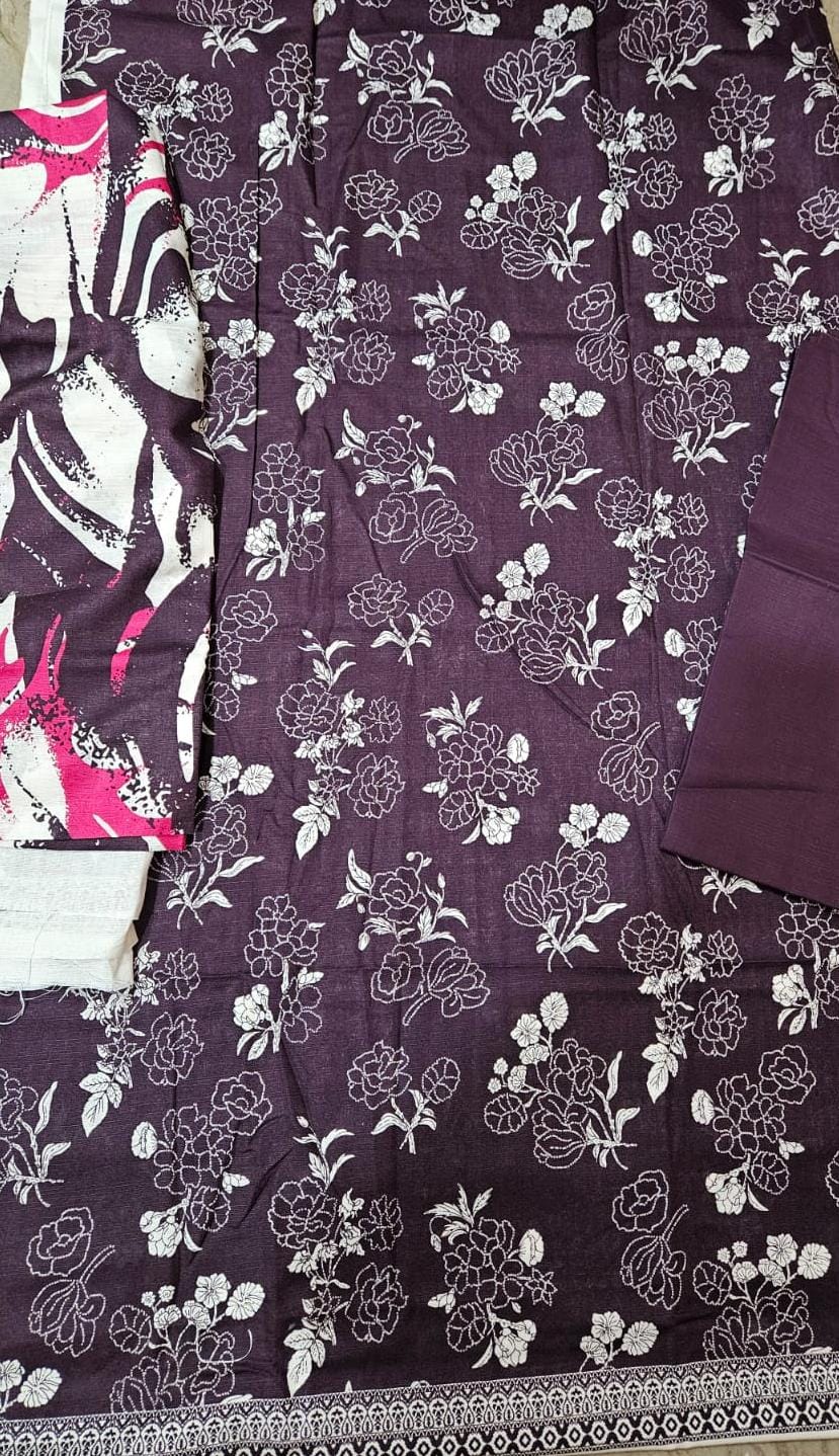 3-Piece Deep Plum Floral Printed Suit UNSTITCHED