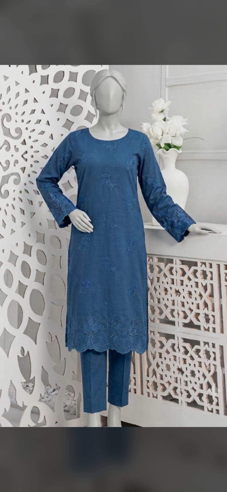 Steel Blue Embroidered Dhanak 2-Piece Winter Suit (Kameez & Shalwar)