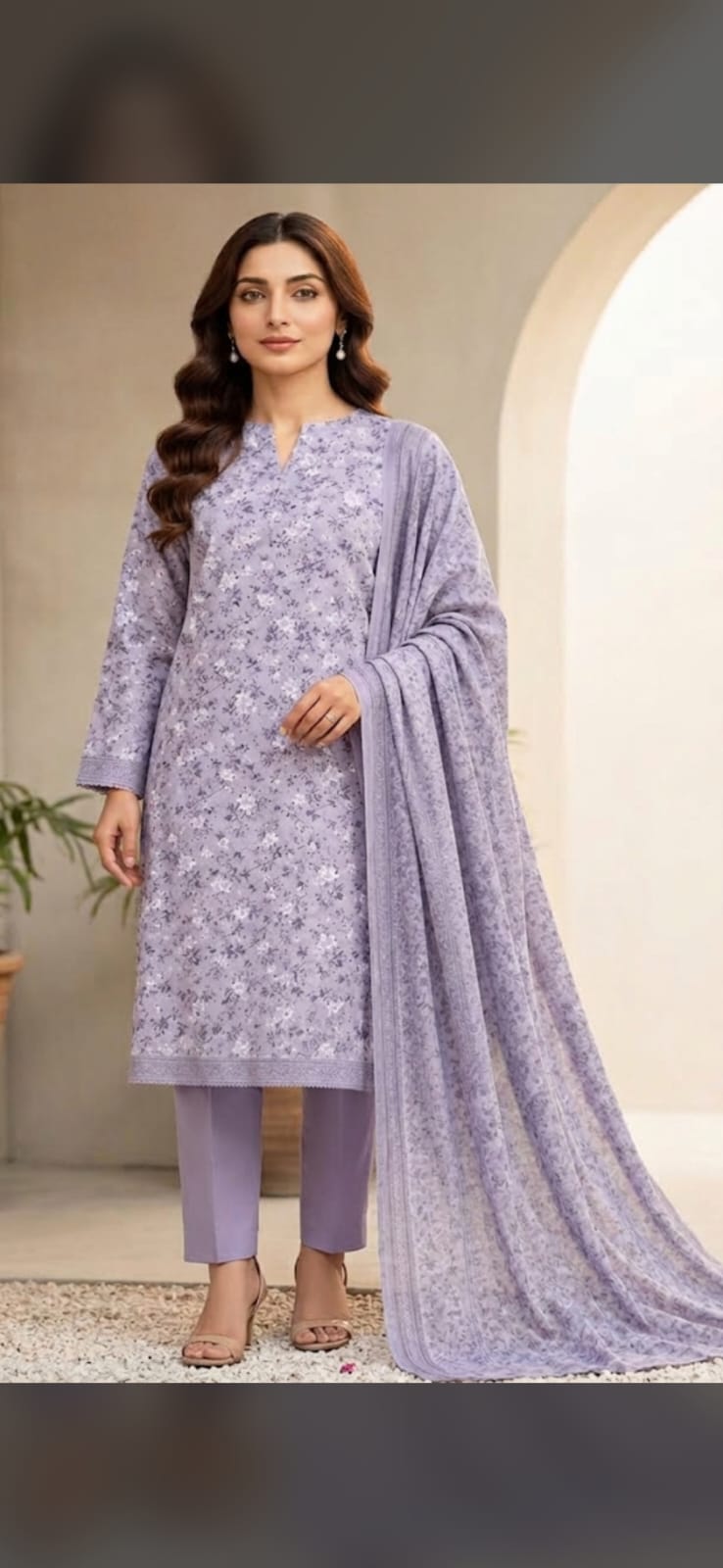 Lavender Floral Printed 3-Piece Linen Suit with Plain Trouser & Matching Dupatta