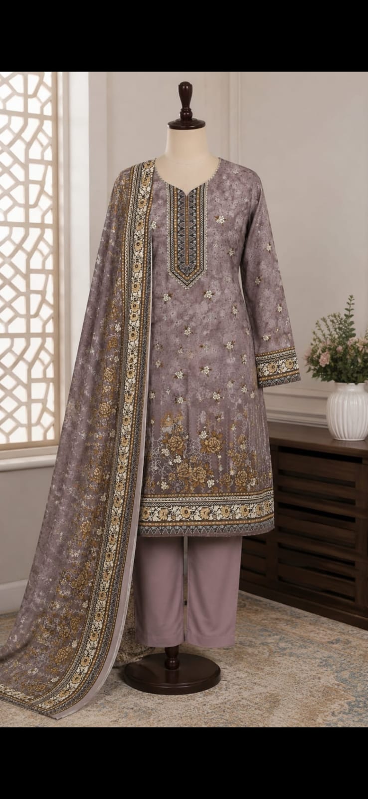 Dusty Mauve Printed  Linen Unstitched 3-Piece Suit